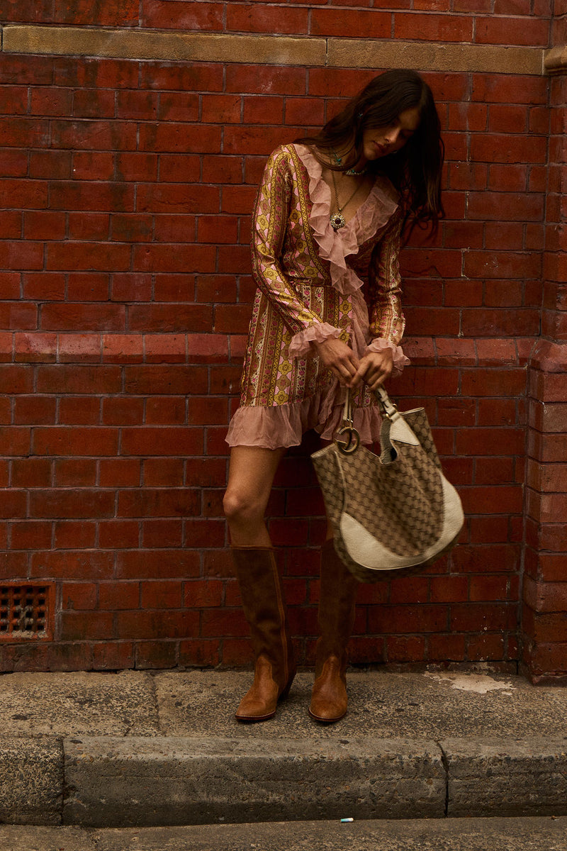 Sweet Painted Lady Silk Wrap Mini Dress - Amber Meadow