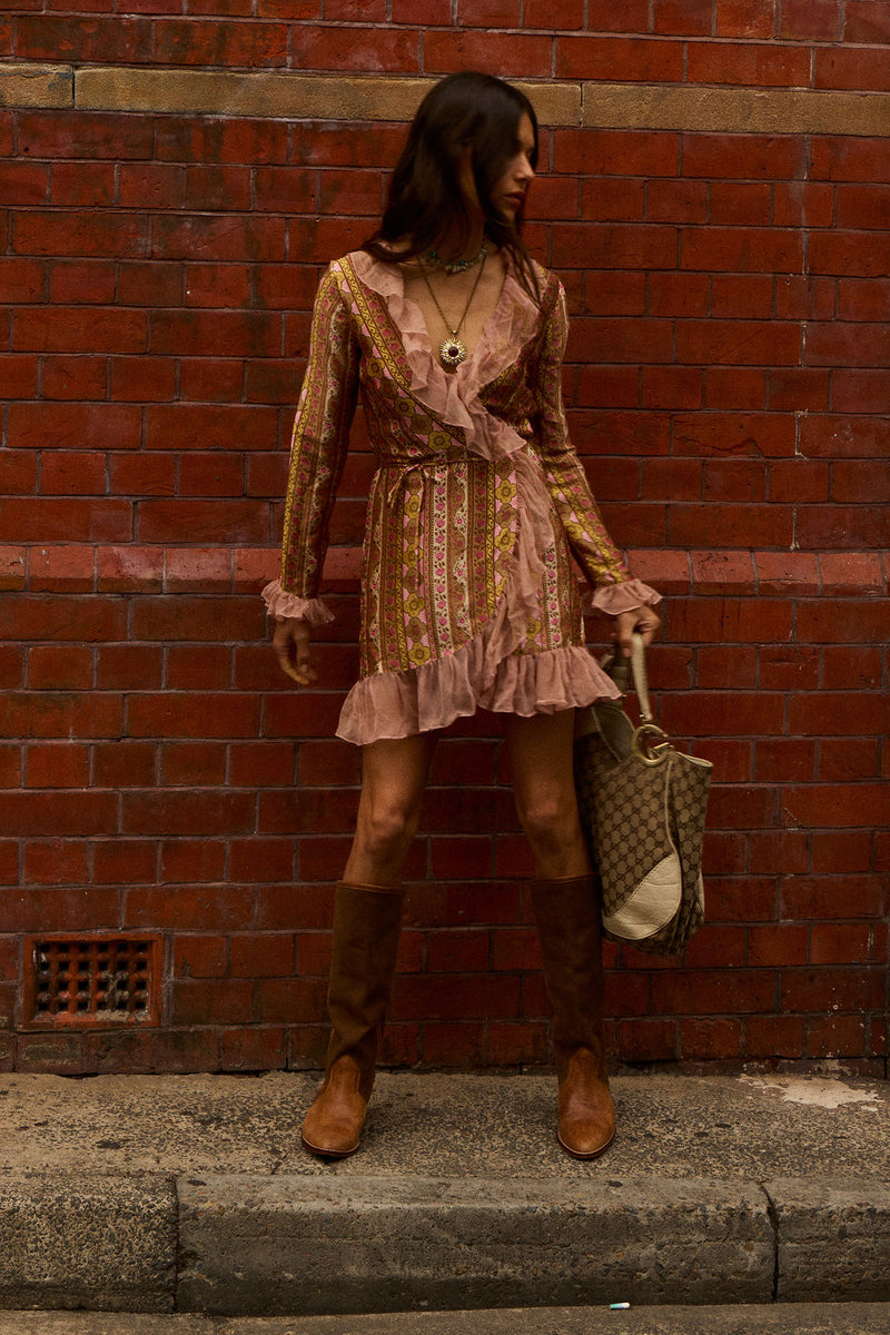 Sweet Painted Lady Silk Wrap Mini Dress - Amber Meadow