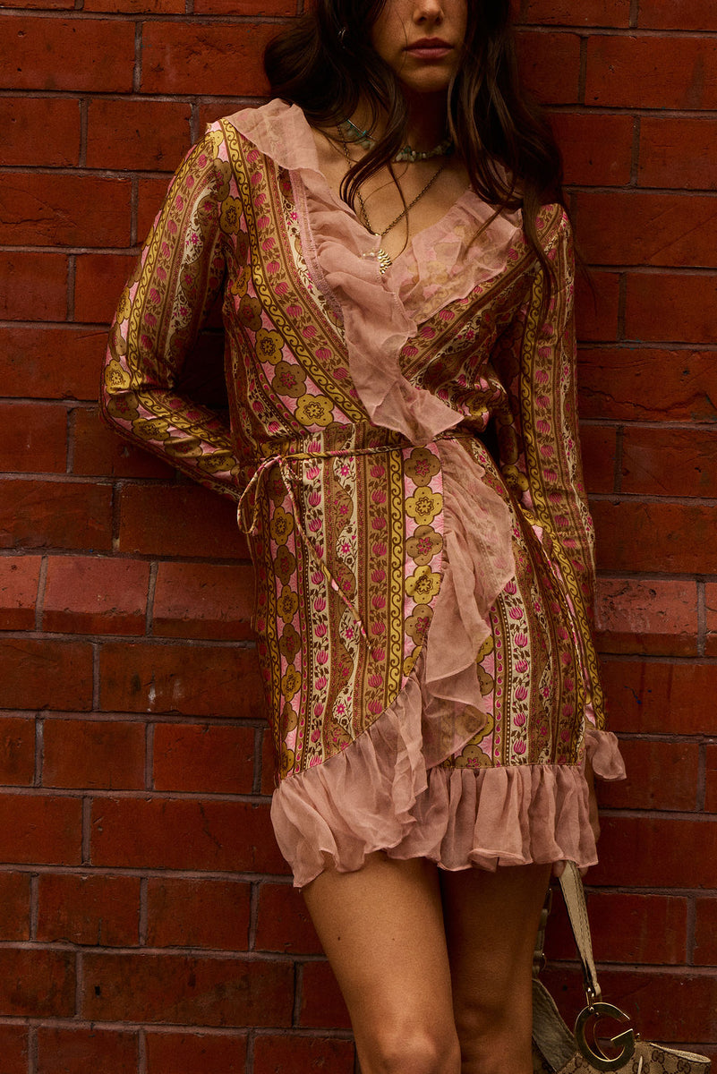 Sweet Painted Lady Silk Wrap Mini Dress - Amber Meadow