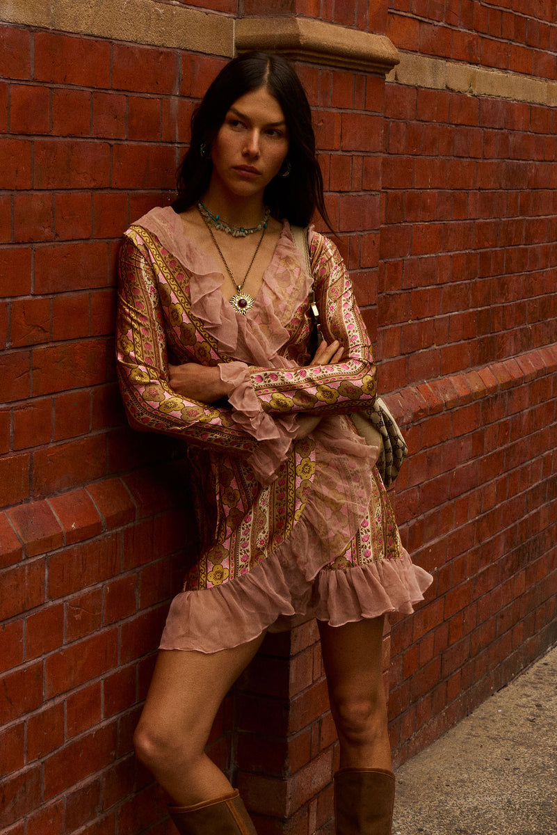 Sweet Painted Lady Silk Wrap Mini Dress - Amber Meadow