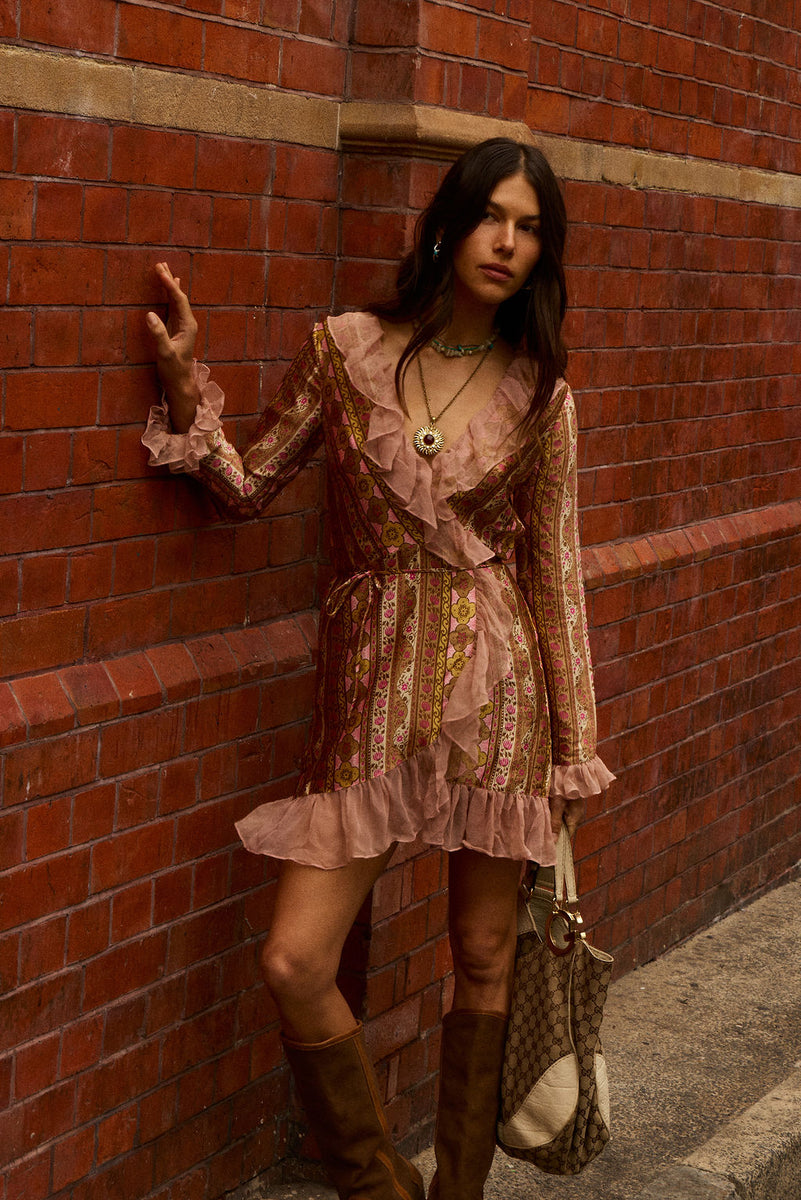 Sweet Painted Lady Silk Wrap Mini Dress - Amber Meadow
