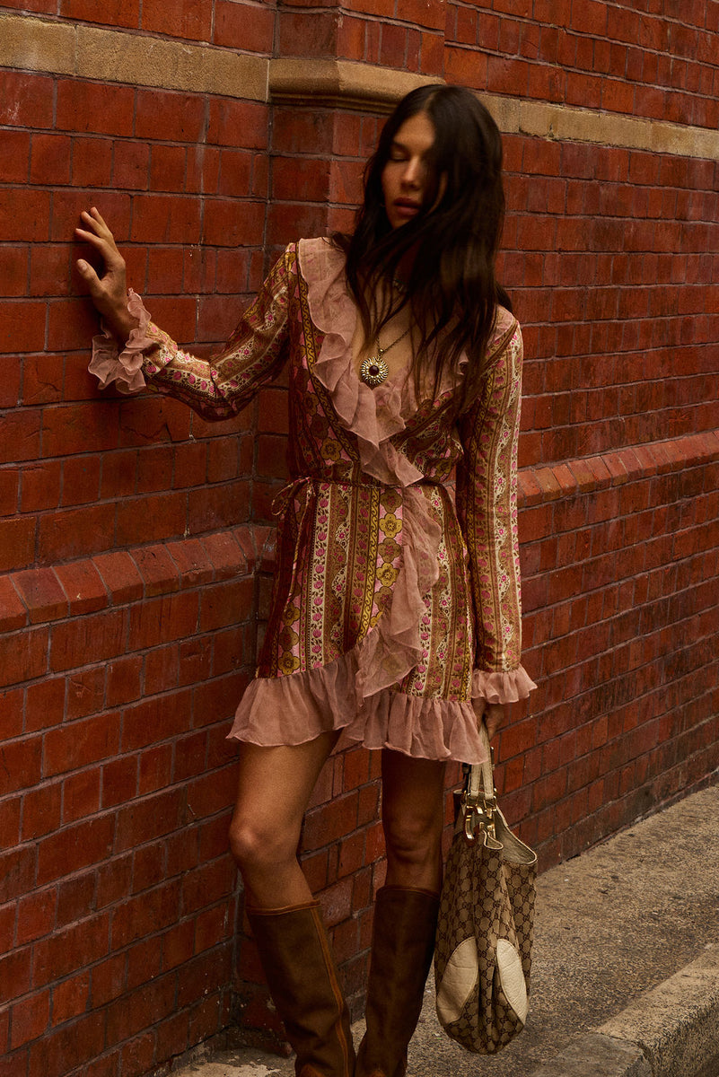 Sweet Painted Lady Silk Wrap Mini Dress - Amber Meadow