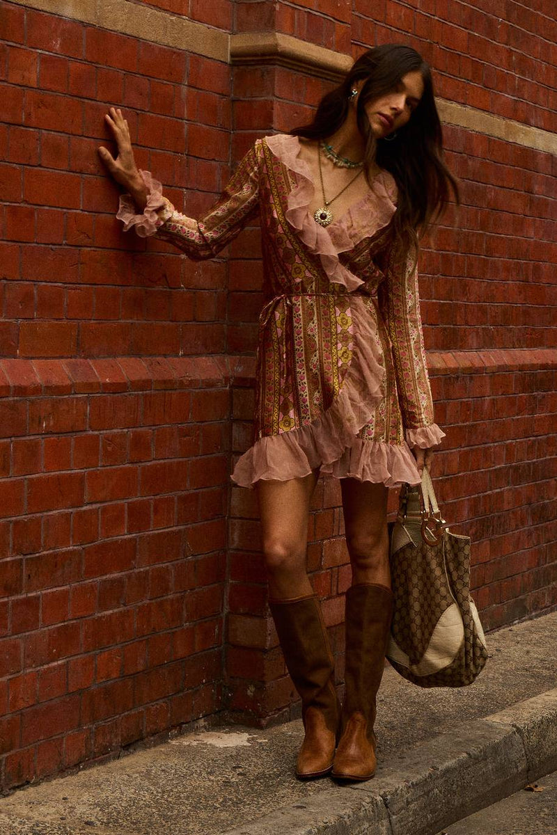 Sweet Painted Lady Silk Wrap Mini Dress - Amber Meadow
