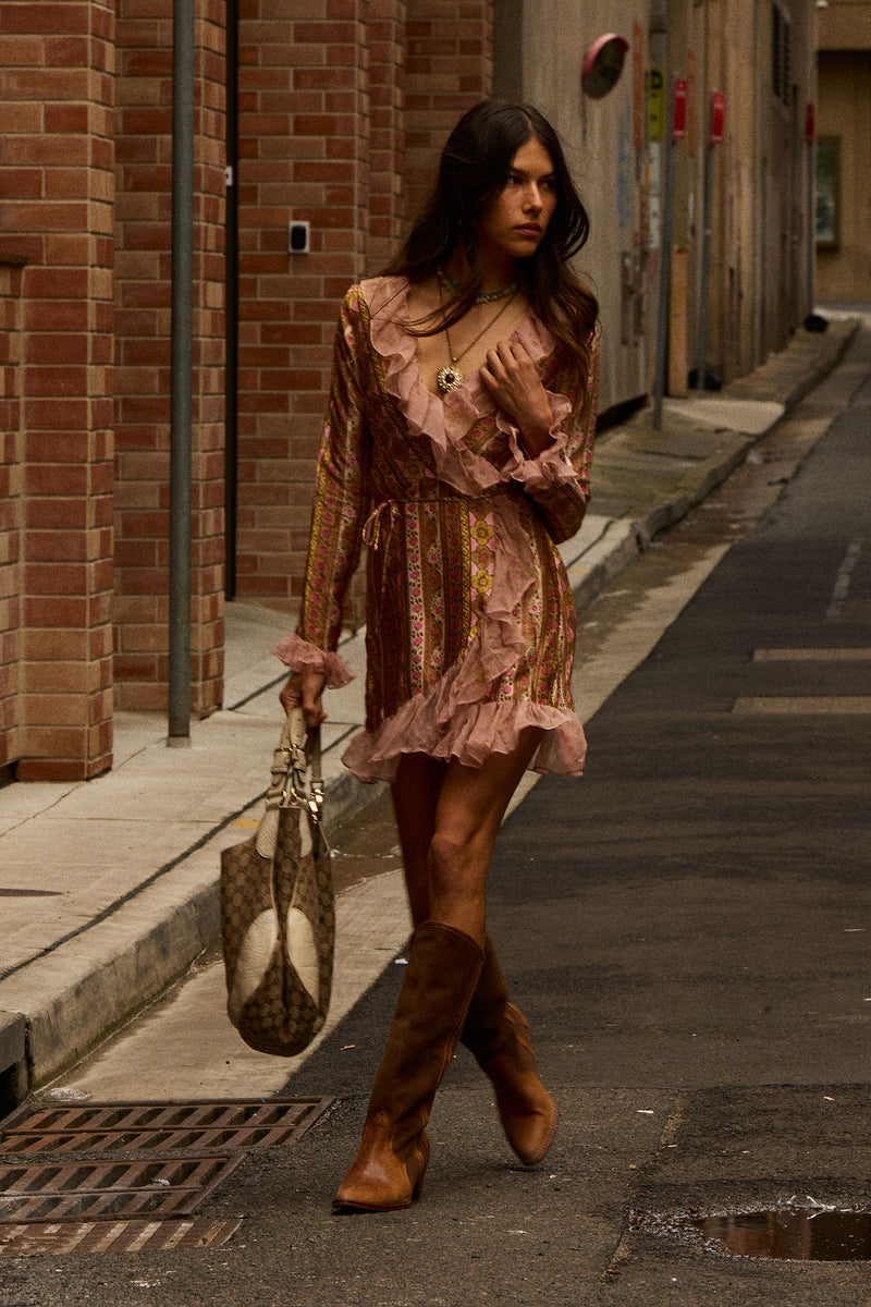 Sweet Painted Lady Silk Wrap Mini Dress - Amber Meadow