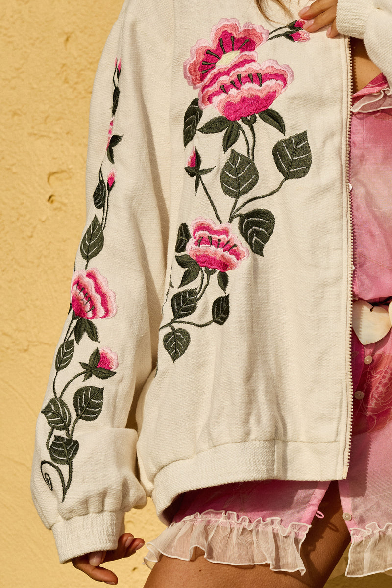 Country Rose Embroidered Cotton + Silk Bomber Jacket