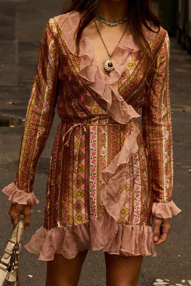 Sweet Painted Lady Silk Wrap Mini Dress - Amber Meadow