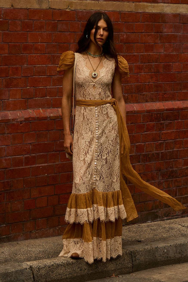 Lady of the Flowers Lace & Silk Maxi Dress
