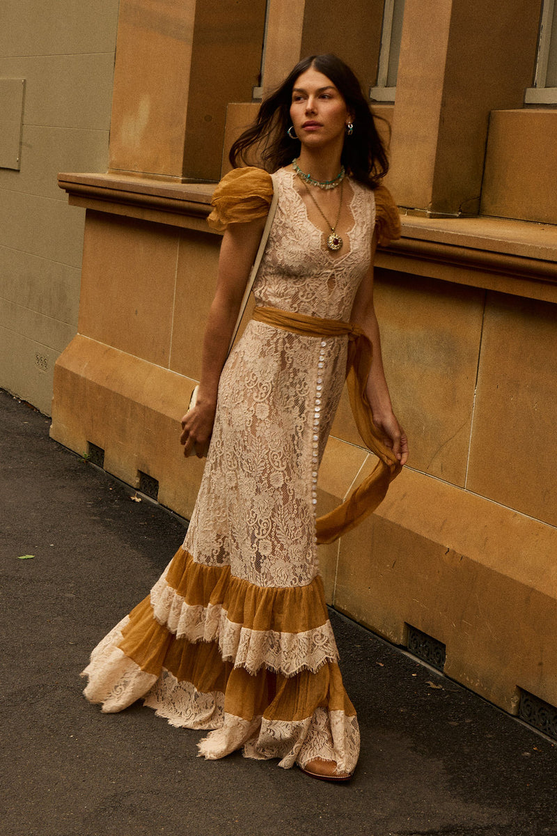 Lady of the Flowers Lace & Silk Maxi Dress