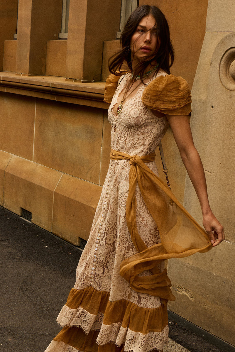 Lady of the Flowers Lace & Silk Maxi Dress