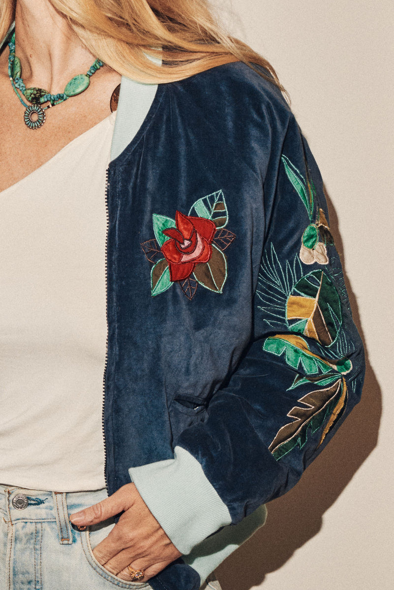 Coconut Grove Velvet Embroidered Reversible Bomber Jacket