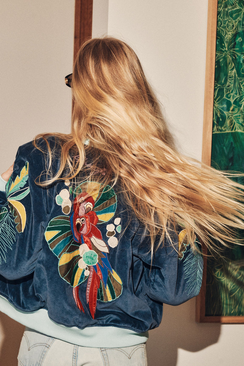 Coconut Grove Velvet Embroidered Reversible Bomber Jacket