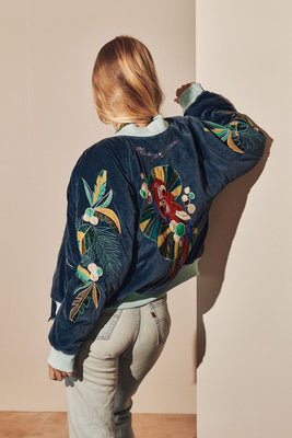 Coconut Grove Velvet Embroidered Reversible Bomber Jacket