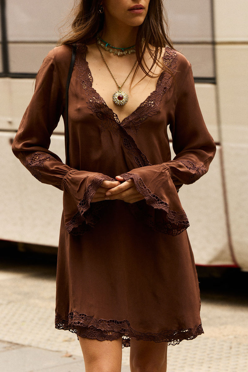 Wild Honey Silk Cutwork Tunic Dress - Cocoa