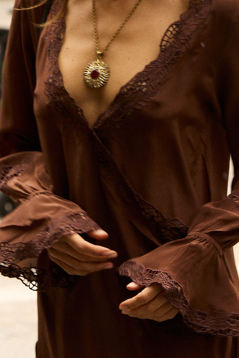 Wild Honey Silk Cutwork Tunic Dress - Cocoa