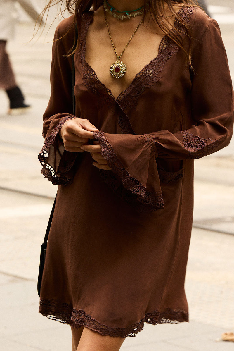 Wild Honey Silk Cutwork Tunic Dress - Cocoa