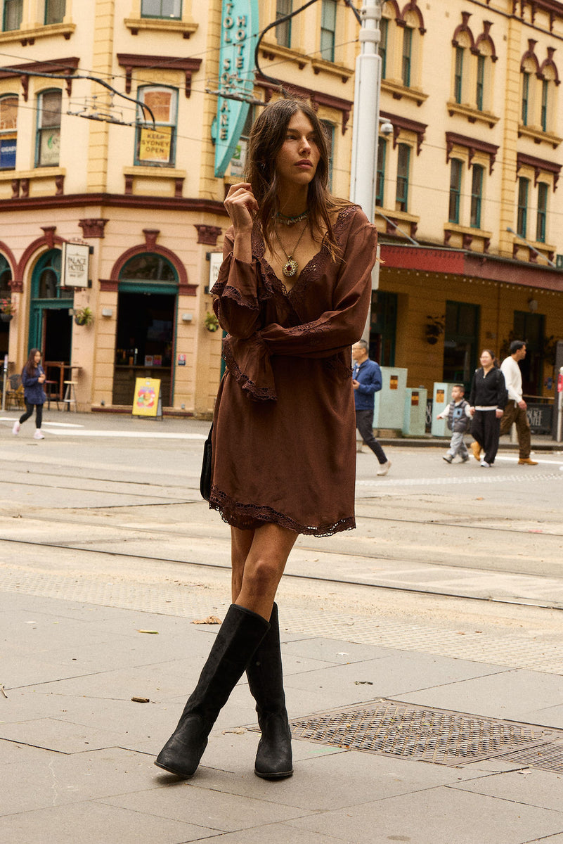 Wild Honey Silk Cutwork Tunic Dress - Cocoa