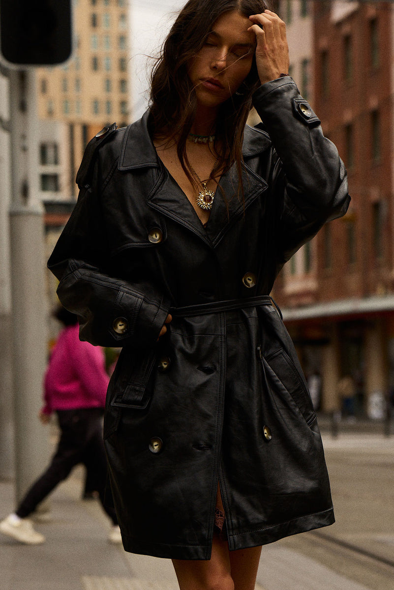 Night Flight Leather Trench Coat