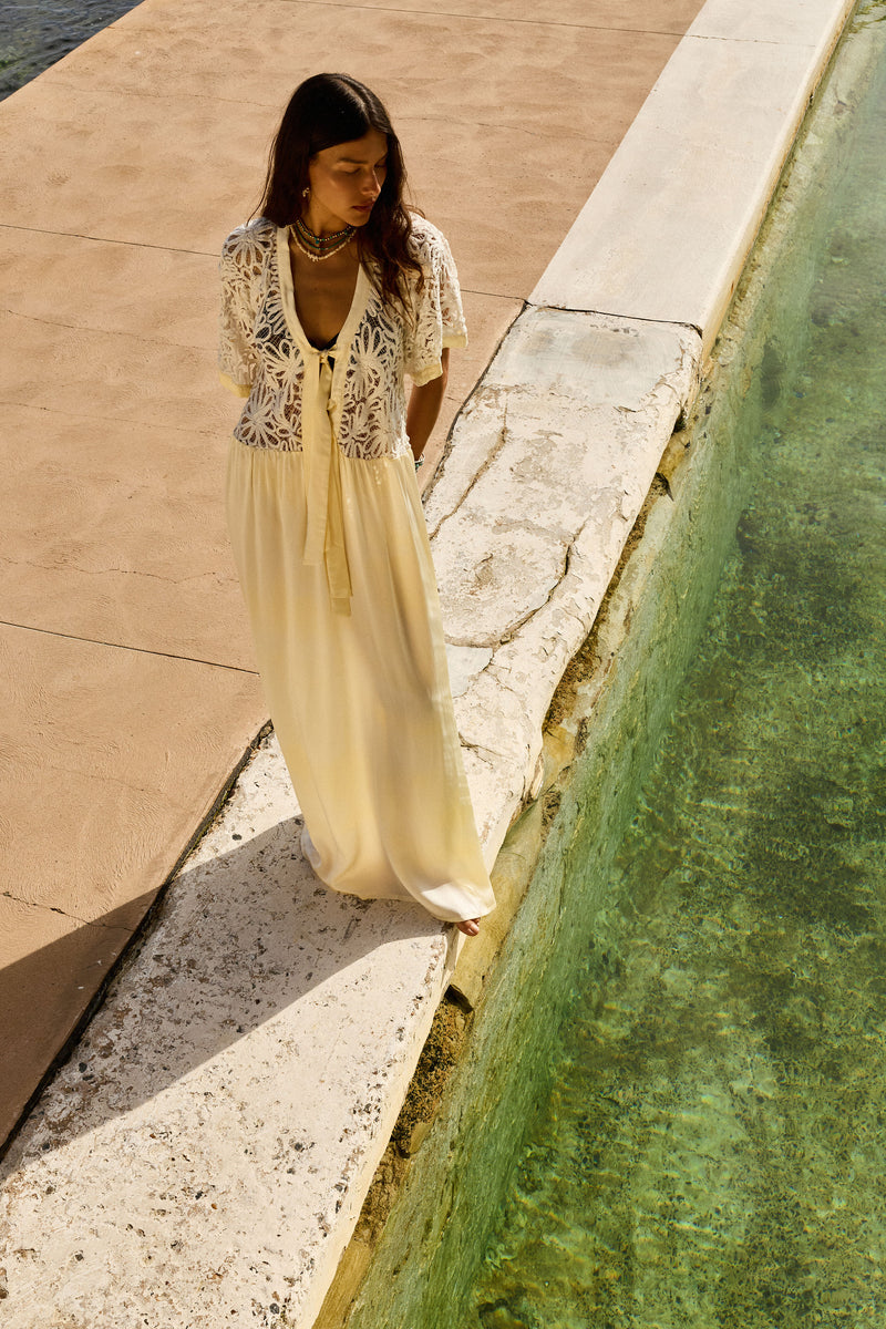 Dream a Little Dream of Me Silk + Corded Lace Maxi Dress