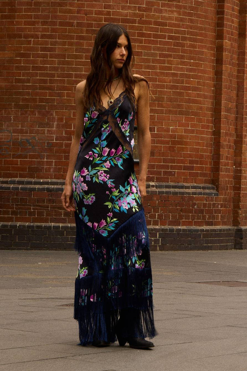 The Other Side of Blue Backless Silk Fringe Maxi Dress - Black Floral