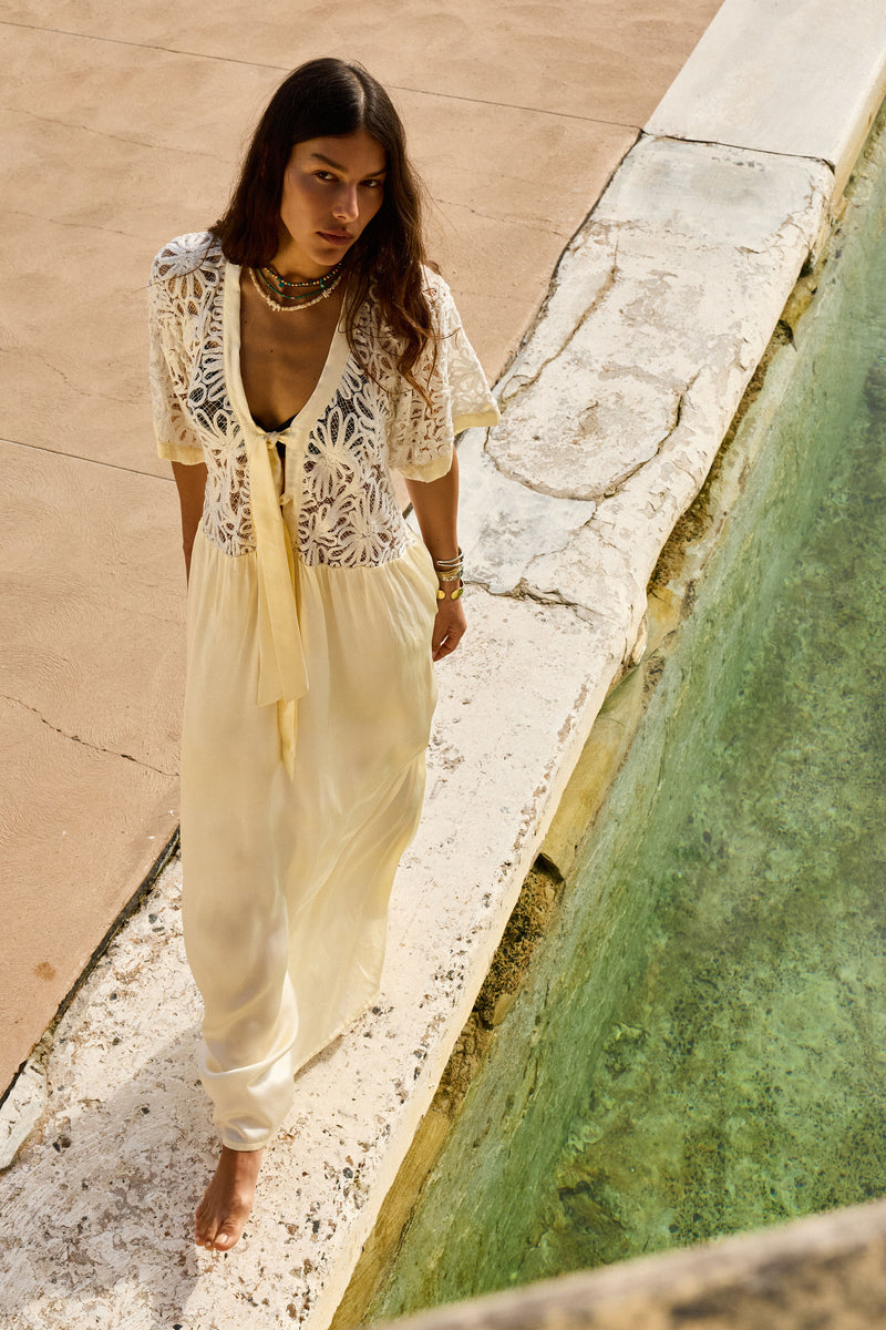 Dream a Little Dream of Me Silk + Corded Lace Maxi Dress