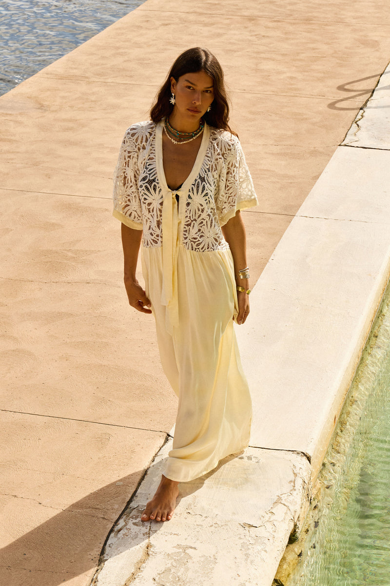 Dream a Little Dream of Me Silk + Corded Lace Maxi Dress