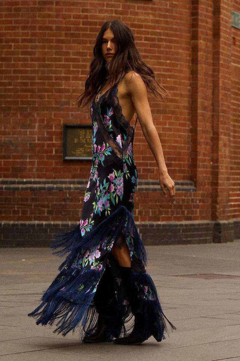 The Other Side of Blue Backless Silk Fringe Maxi Dress - Black Floral