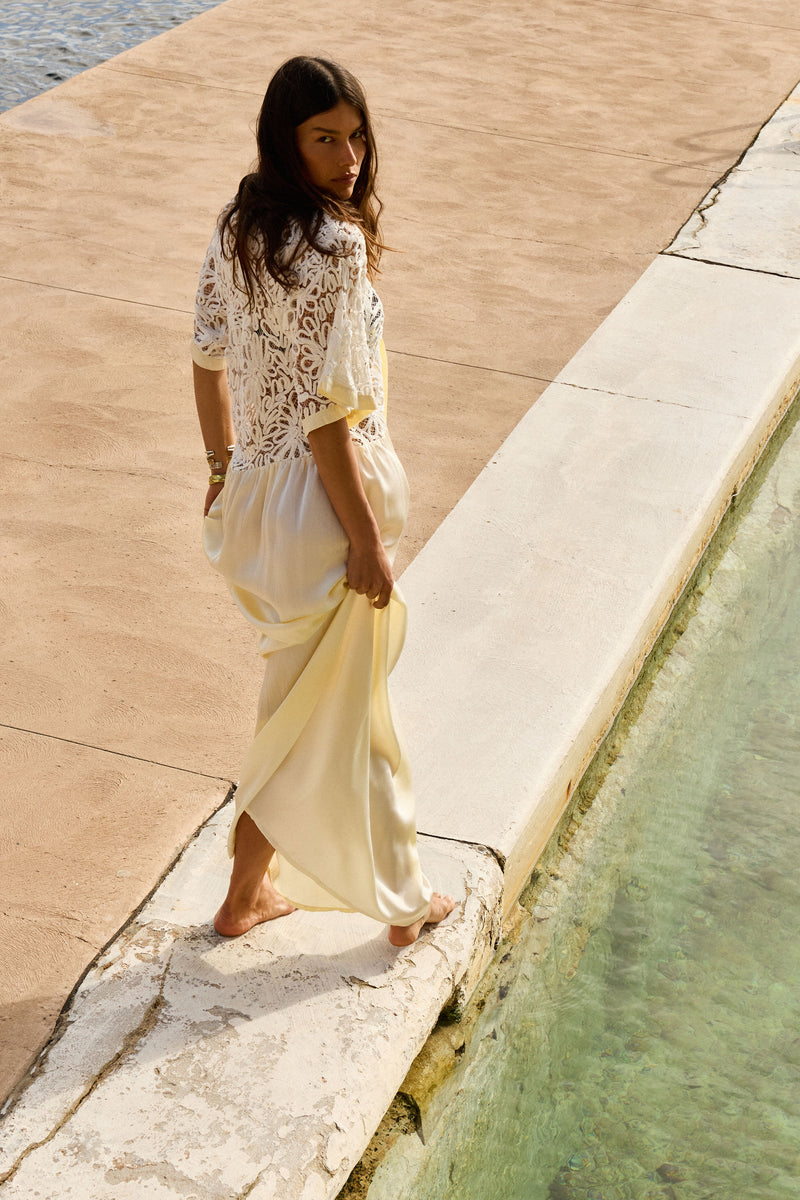 Dream a Little Dream of Me Silk + Corded Lace Maxi Dress