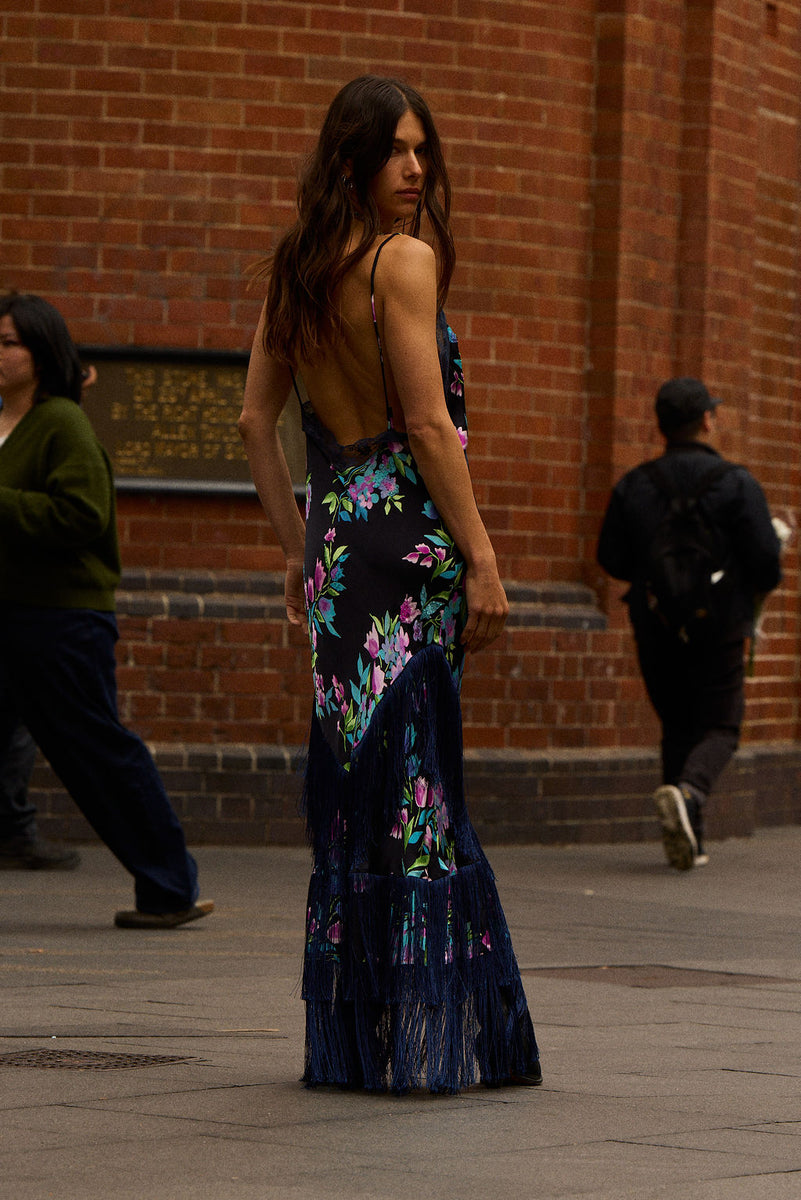 The Other Side of Blue Backless Silk Fringe Maxi Dress - Black Floral