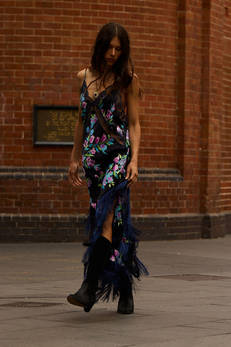 The Other Side of Blue Backless Silk Fringe Maxi Dress - Black Floral