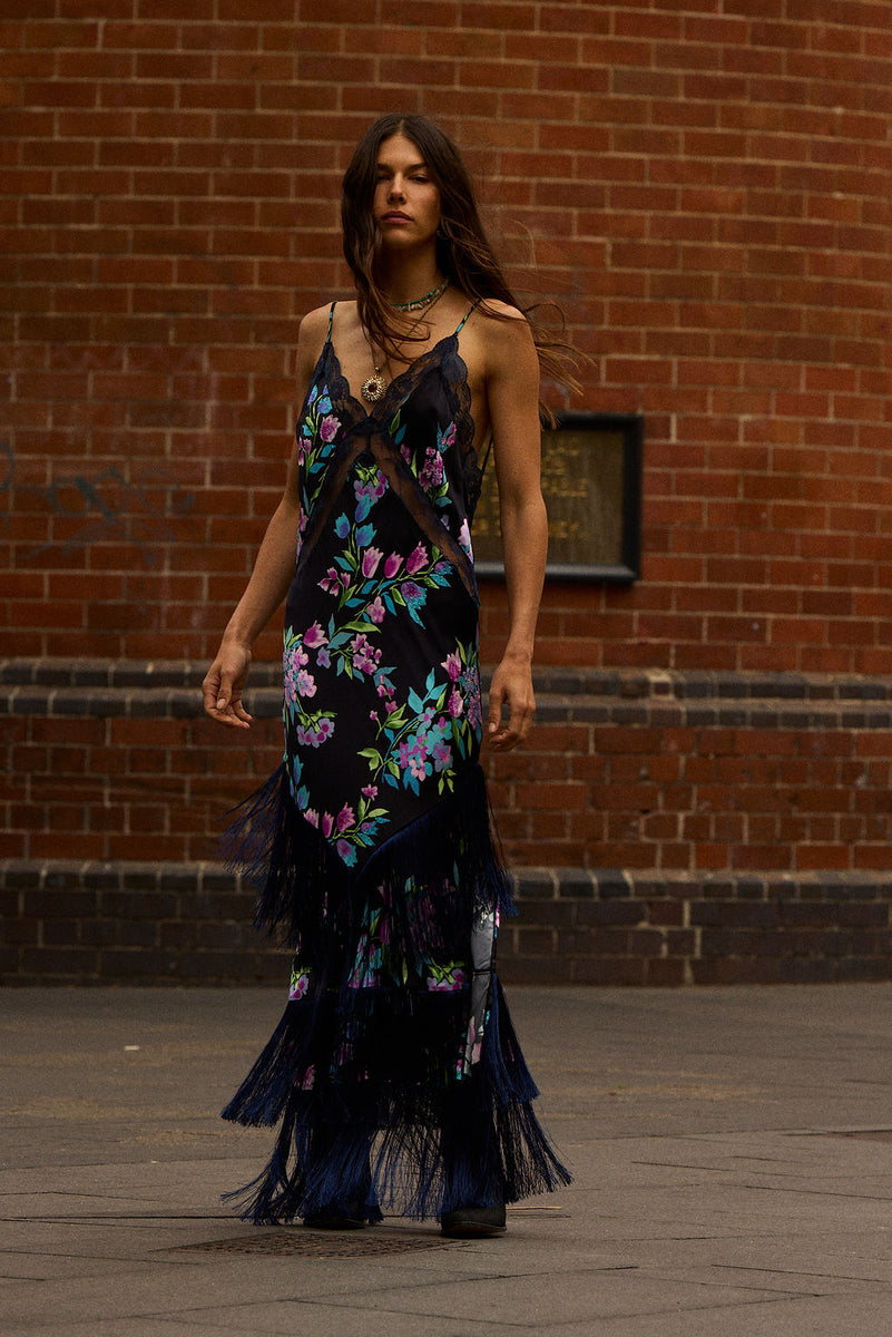 The Other Side of Blue Backless Silk Fringe Maxi Dress - Black Floral