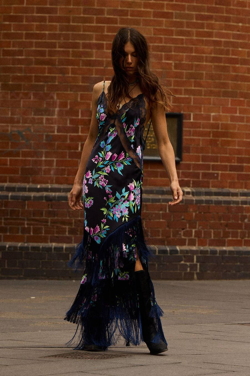 The Other Side of Blue Backless Silk Fringe Maxi Dress - Black Floral