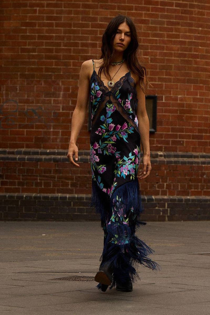 The Other Side of Blue Backless Silk Fringe Maxi Dress - Black Floral