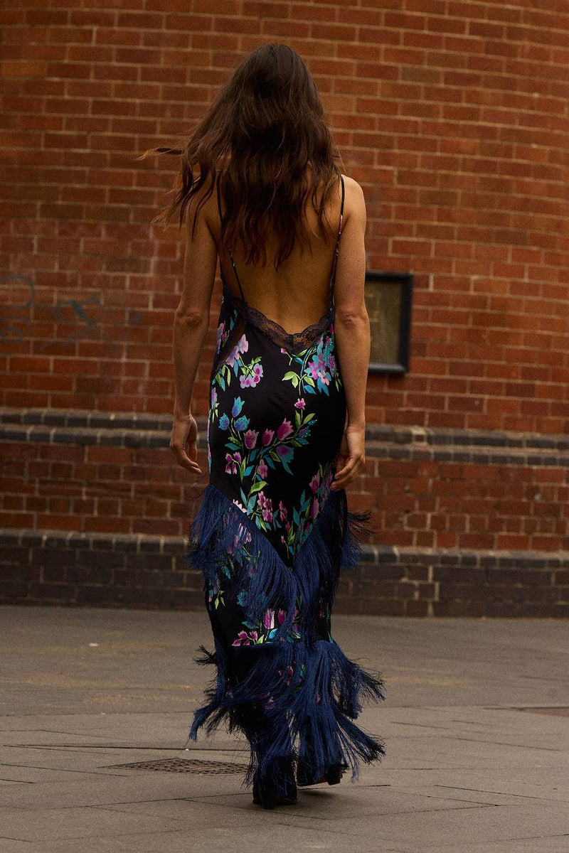 The Other Side of Blue Backless Silk Fringe Maxi Dress - Black Floral