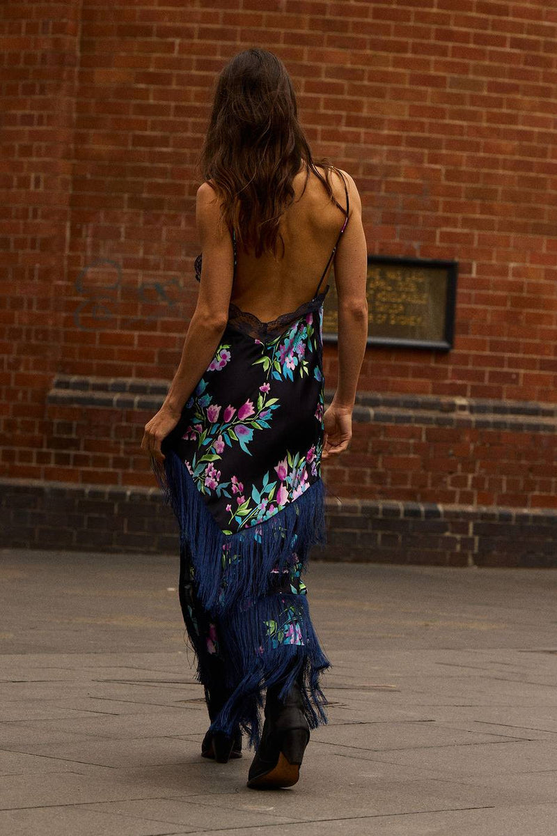 The Other Side of Blue Backless Silk Fringe Maxi Dress - Black Floral
