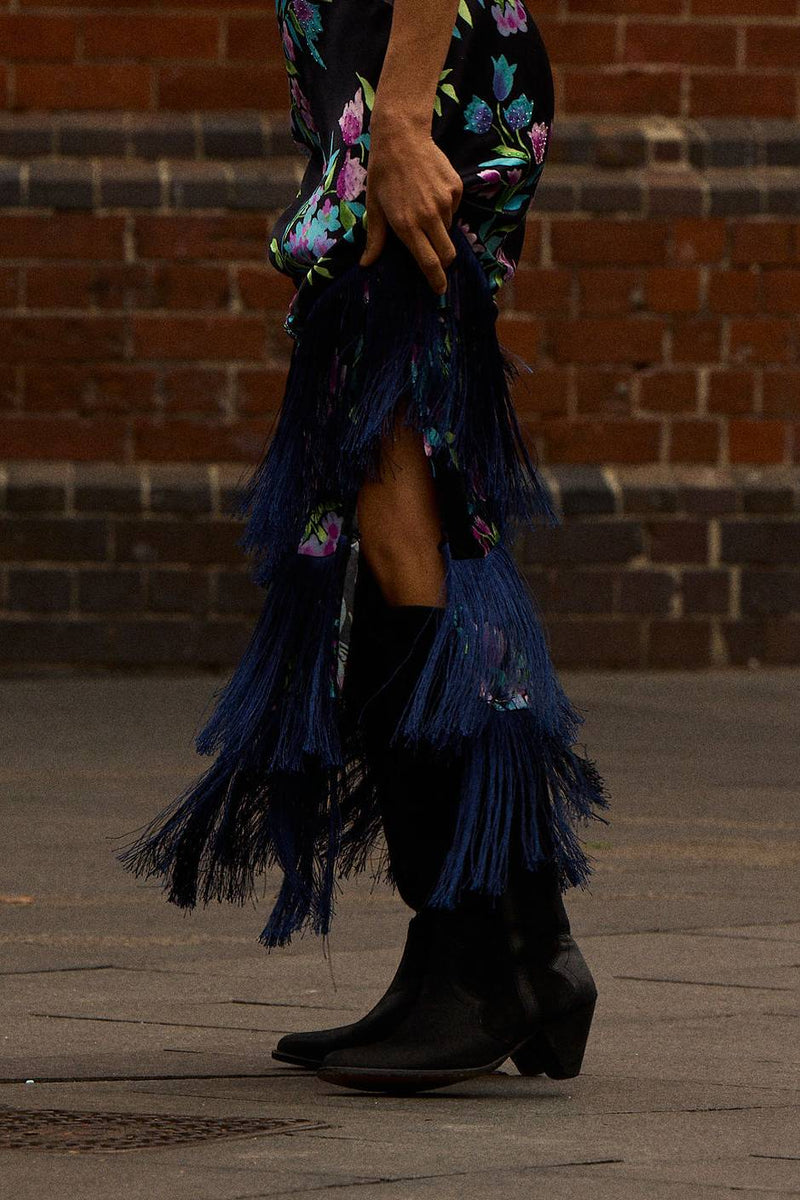 The Other Side of Blue Backless Silk Fringe Maxi Dress - Black Floral