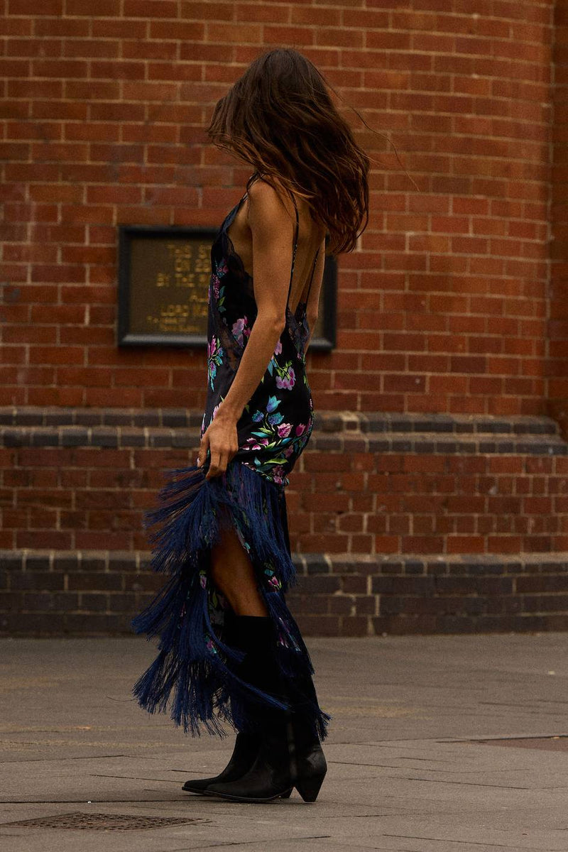 The Other Side of Blue Backless Silk Fringe Maxi Dress - Black Floral