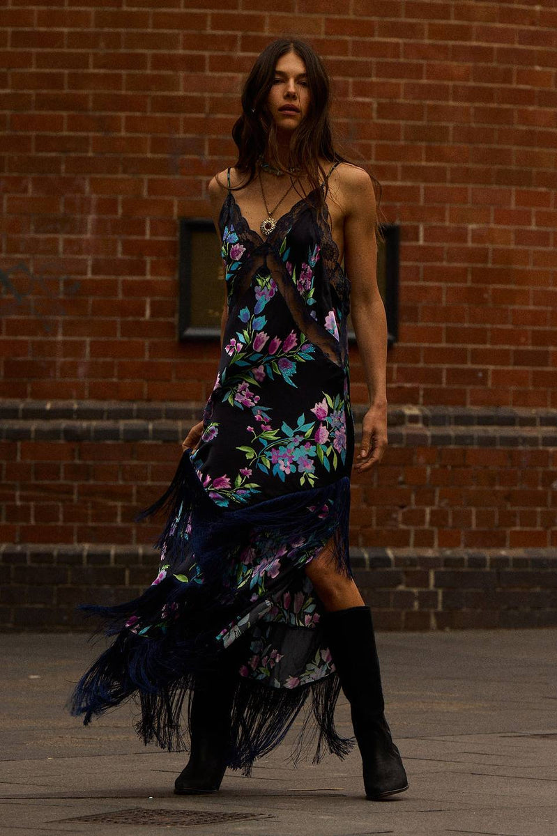 The Other Side of Blue Backless Silk Fringe Maxi Dress - Black Floral