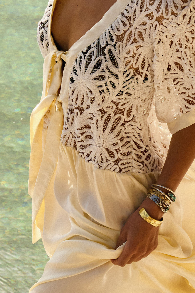 Dream a Little Dream of Me Silk + Corded Lace Maxi Dress