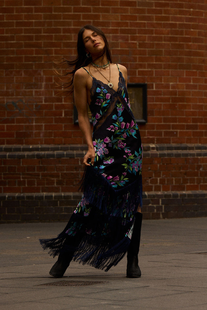 The Other Side of Blue Backless Silk Fringe Maxi Dress - Black Floral