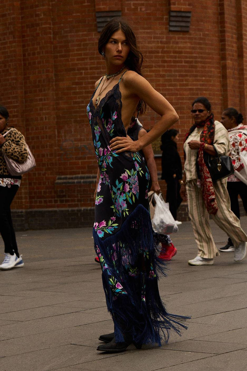 The Other Side of Blue Backless Silk Fringe Maxi Dress - Black Floral