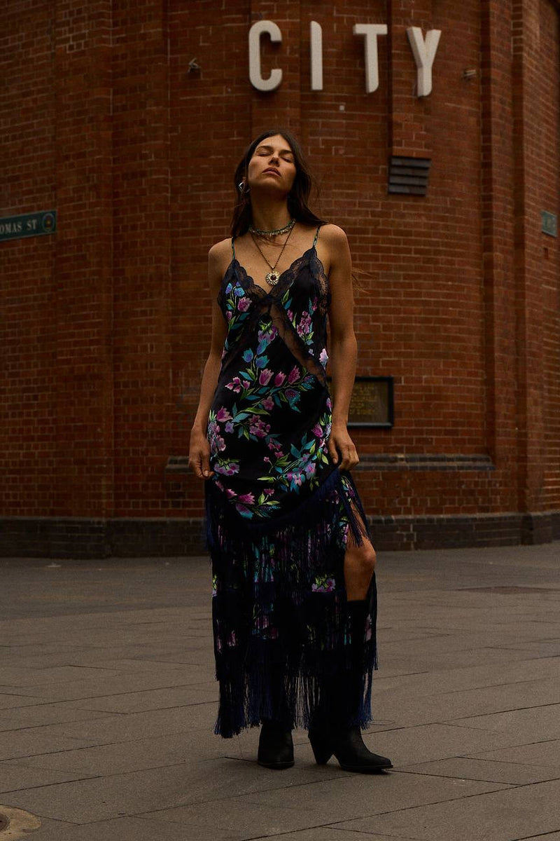 The Other Side of Blue Backless Silk Fringe Maxi Dress - Black Floral