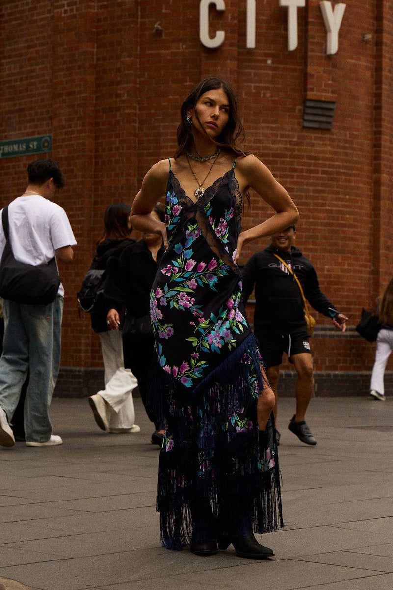 The Other Side of Blue Backless Silk Fringe Maxi Dress - Black Floral
