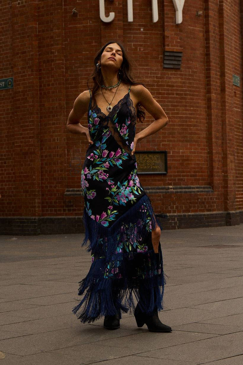 The Other Side of Blue Backless Silk Fringe Maxi Dress - Black Floral