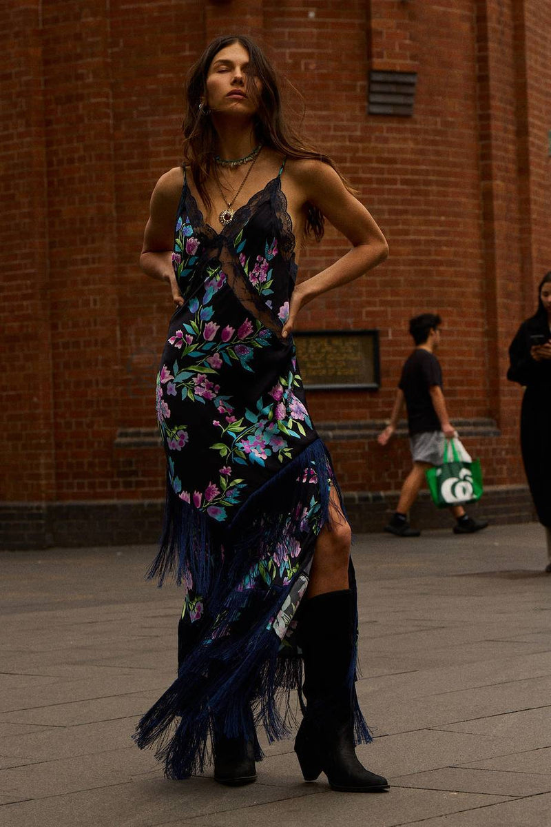 The Other Side of Blue Backless Silk Fringe Maxi Dress - Black Floral