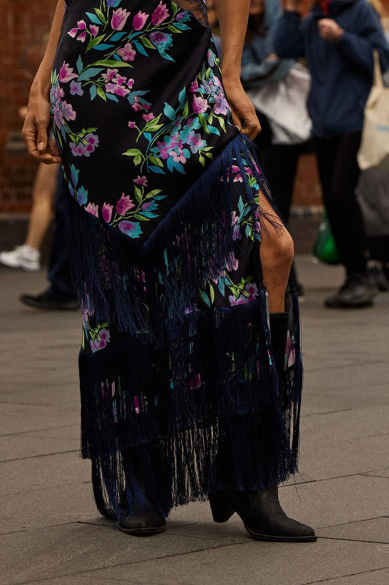 The Other Side of Blue Backless Silk Fringe Maxi Dress - Black Floral