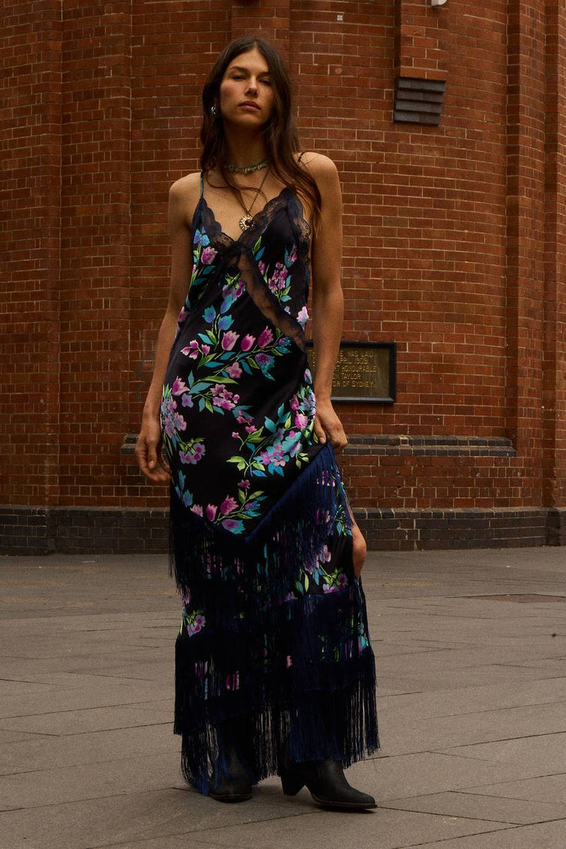 The Other Side of Blue Backless Silk Fringe Maxi Dress - Black Floral