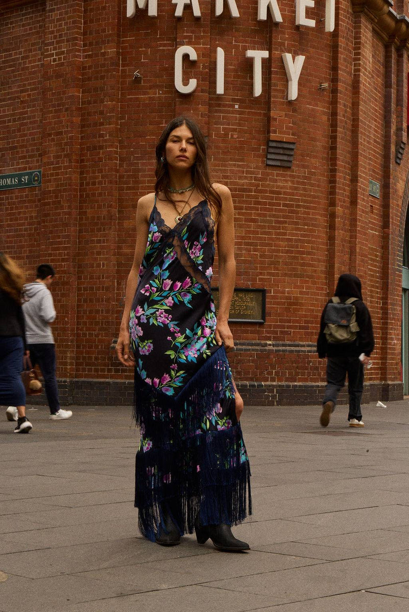 The Other Side of Blue Backless Silk Fringe Maxi Dress - Black Floral