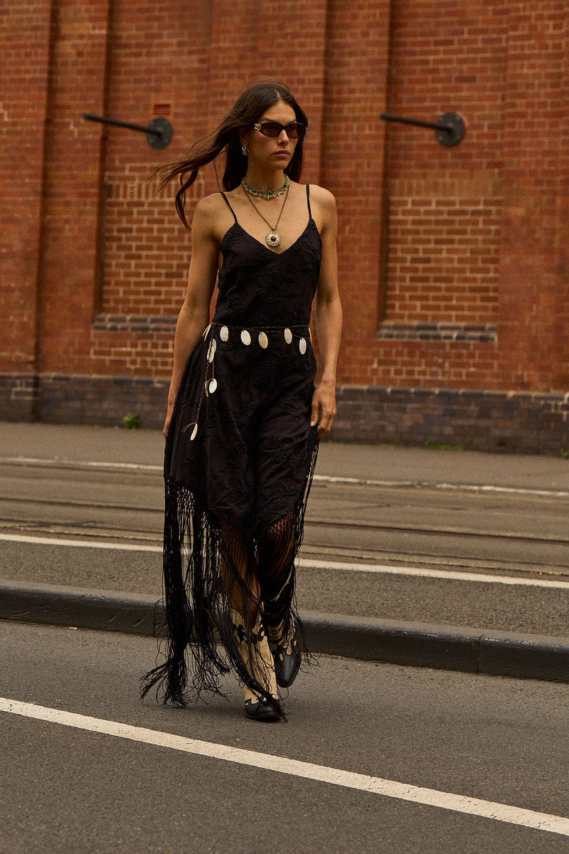 Sweet Black Angel Embroidered Fringe Slip Dress - Black