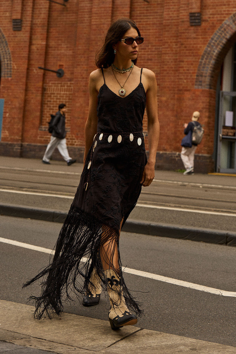 Sweet Black Angel Embroidered Fringe Slip Dress - Black