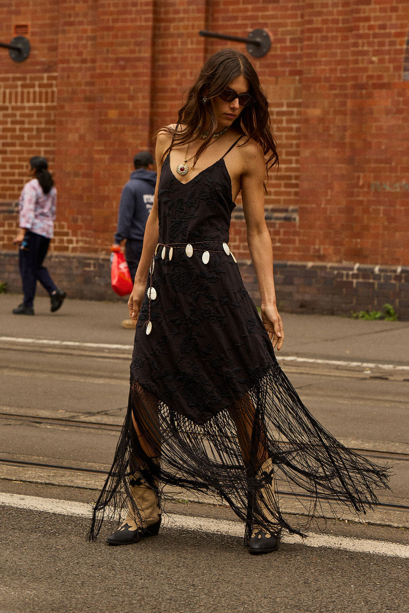 Sweet Black Angel Embroidered Fringe Slip Dress - Black